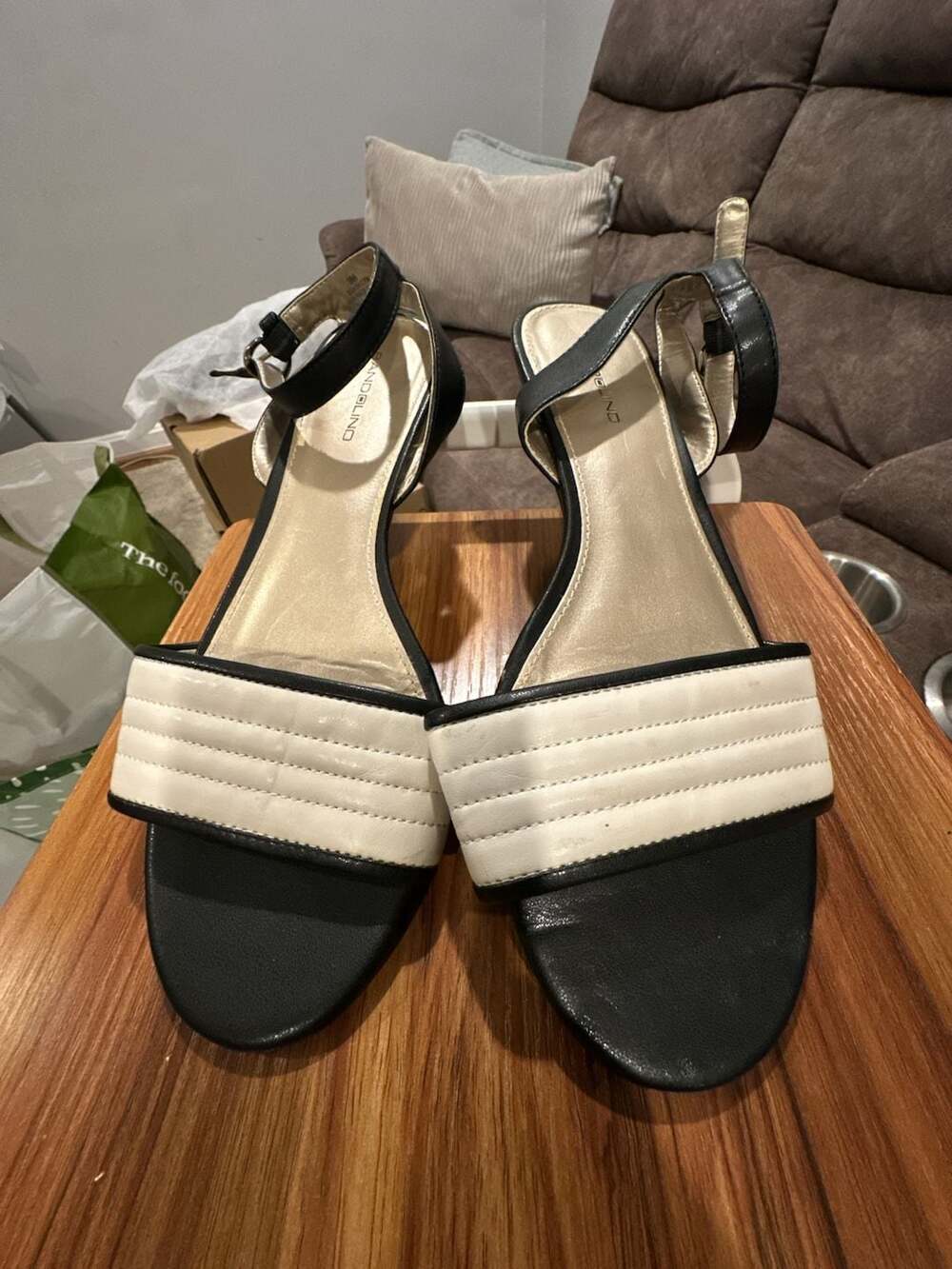 Bandolino Black and White Quilted Ankle Strap Wedge Heel Sandals Size 9M